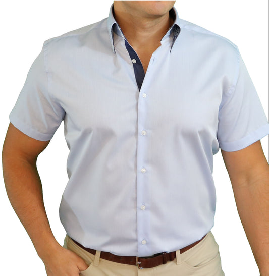 Men's Premium Short-Sleeve Blue Dress Shirt with Firm Standout Luxury Collar
