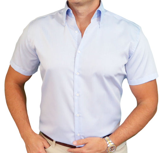 Men's Premium Short-Sleeve Plain Blue Dress Shirt with Firm Luxury Collar