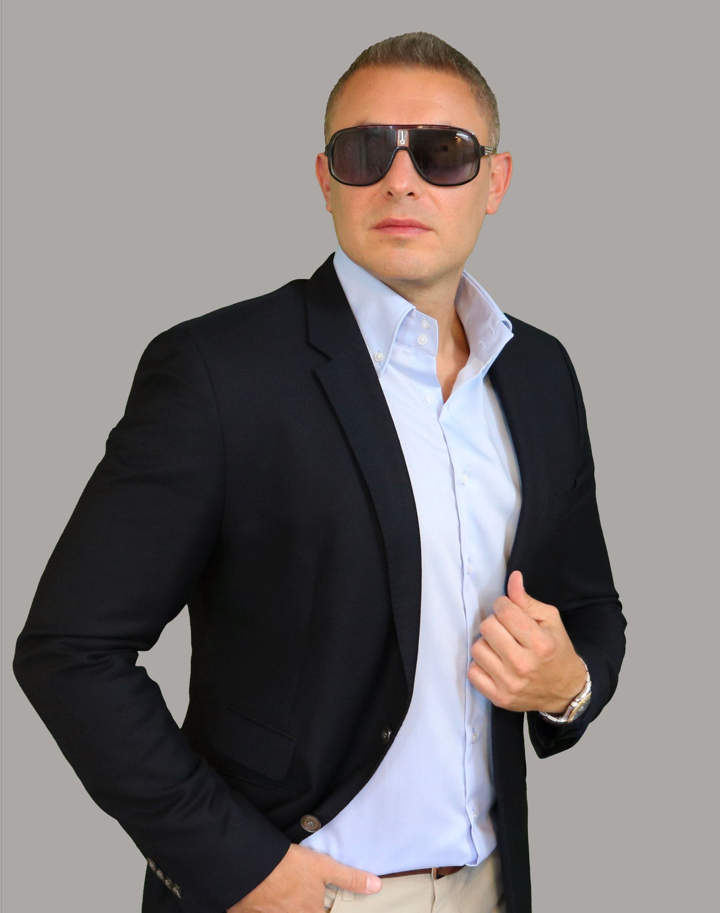 Men's Premium Short-Sleeve Plain Blue Dress Shirt with Firm Luxury Collar
