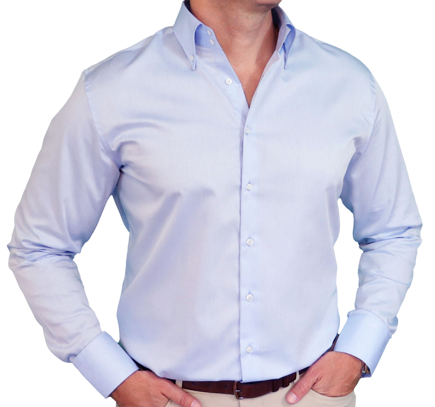 Men's Premium Long-Sleeve Plain Blue Dress Shirt with Firm Standout Luxury Collar